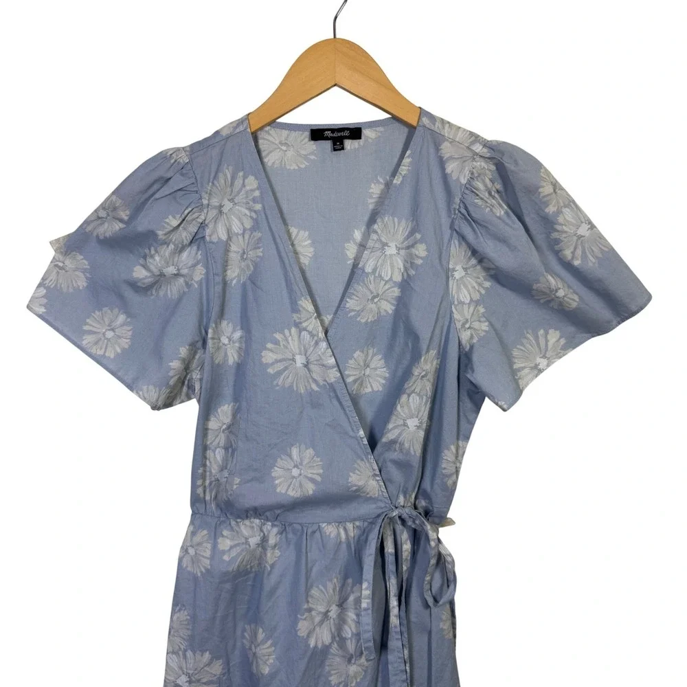 Madewell Womens Dress Medium Floral Wrap Mini Puff Sleeve Blue White Lightweight